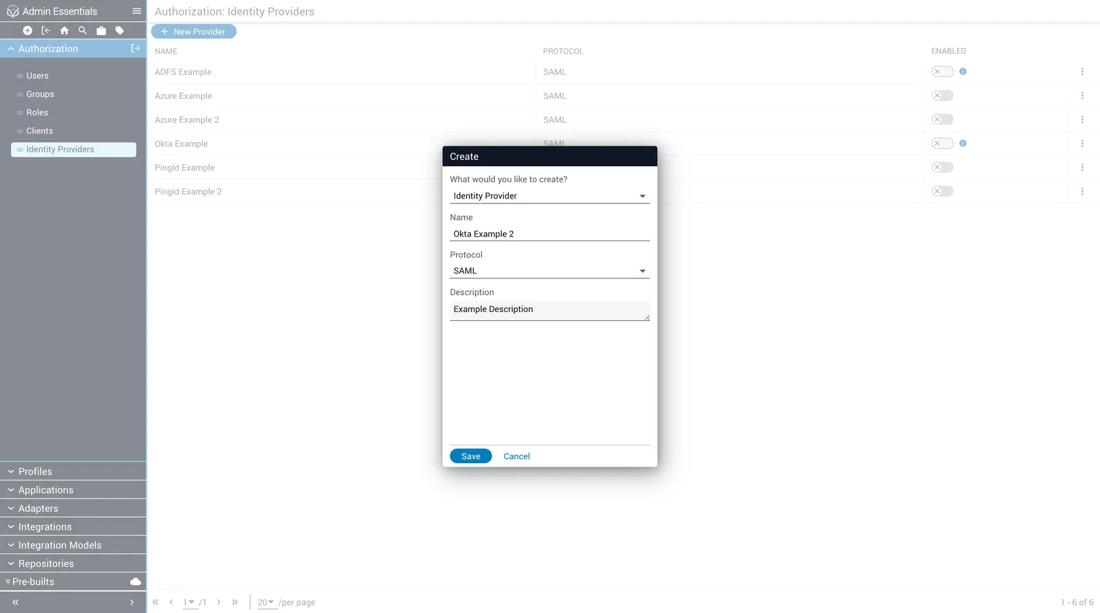Identity Providers Creation Dialog